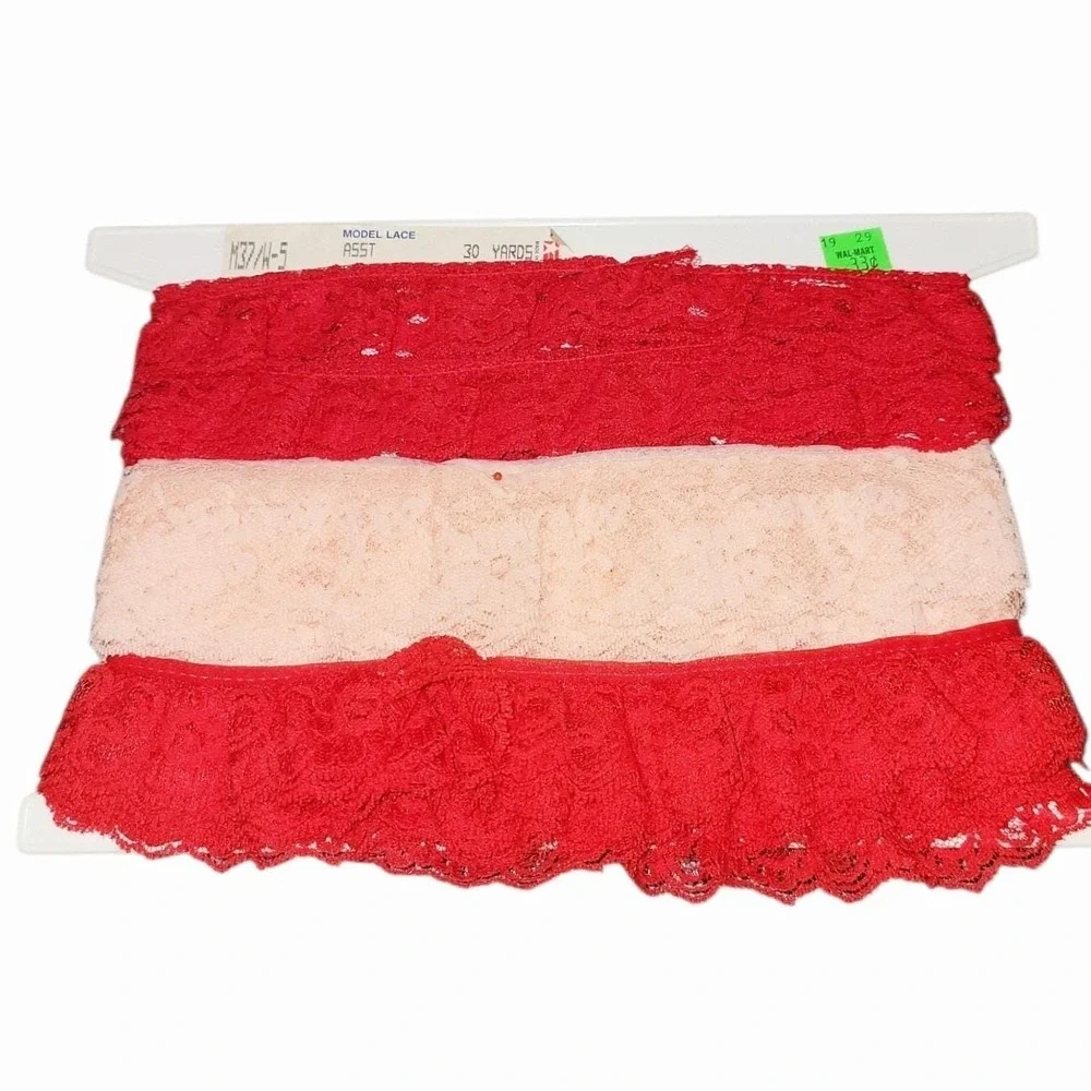 Vintage Floral Stretch Lace Trim Red Peach Sewing Craft Lot on Original Card